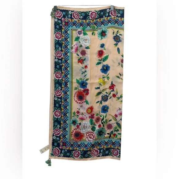 Johnny Was Nani silk scarf Cream Floral with Multicolor Border Tassels - Picture 3 of 6
